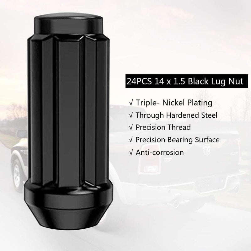 Partschoice 14mmx1.5 Wheel Lug Nuts, 24x Black M14x1.5 Lug Nut,Conical/Cone Bulge Seat, Closed End Long Extended XL Spline with 1 Socket Key Fits 6 Lug Aftermarket Wheels - Image 3